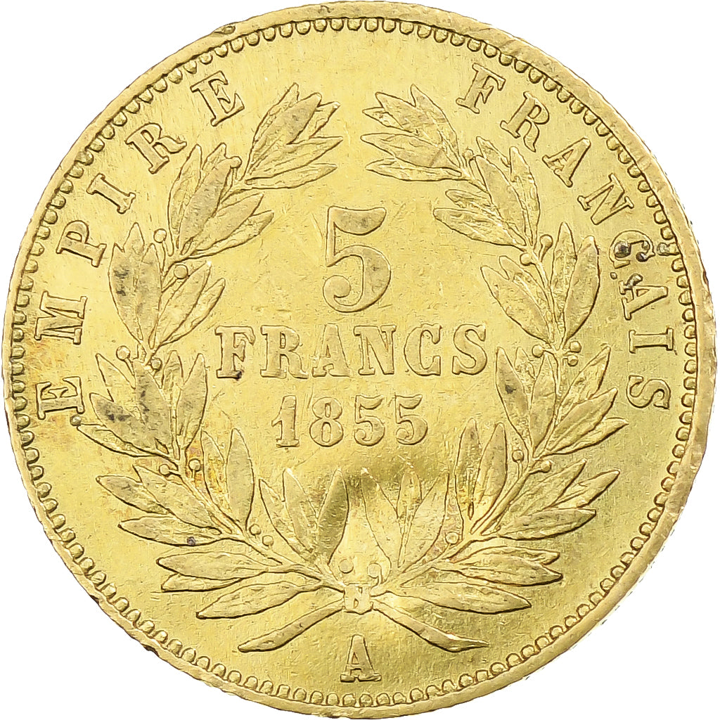 Francia, Napoleon III, 5 Francs, 1855, Paris, tranche cannelée, Oro, MB+