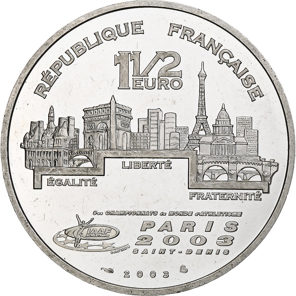 Francja, 1 1/2 Euro, Athlétisme, Courir, 2003, Monnaie de Paris, BE, MS(60-62)