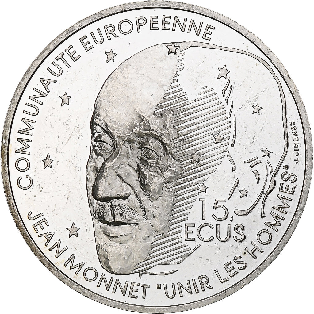 Francja, 100 Francs / 15 Écus, Jean Monnet, 1992, Monnaie de Paris, BE, Srebro