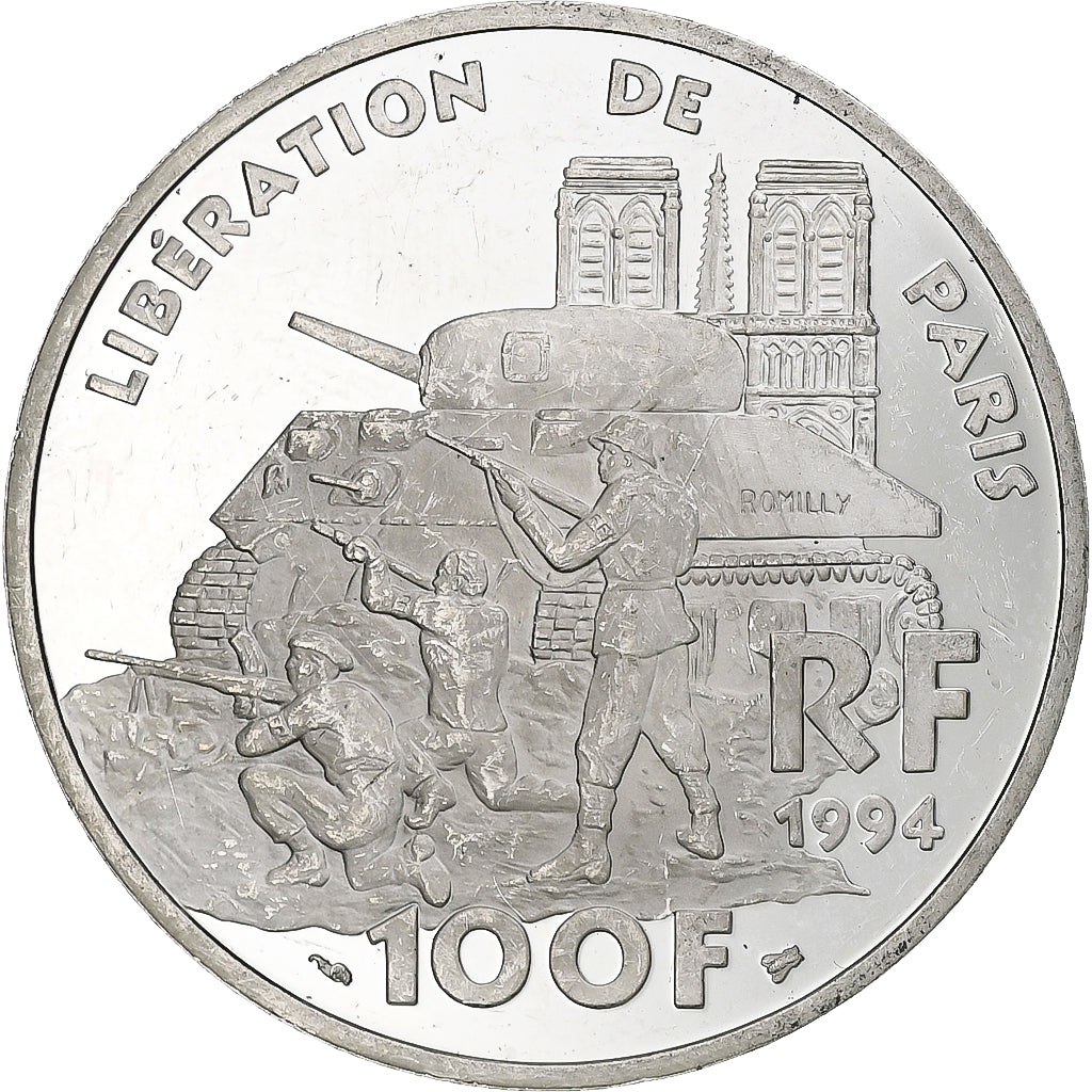 Francja, 100 Francs, Libération de Paris, 1994, Monnaie de Paris, BE, Srebro