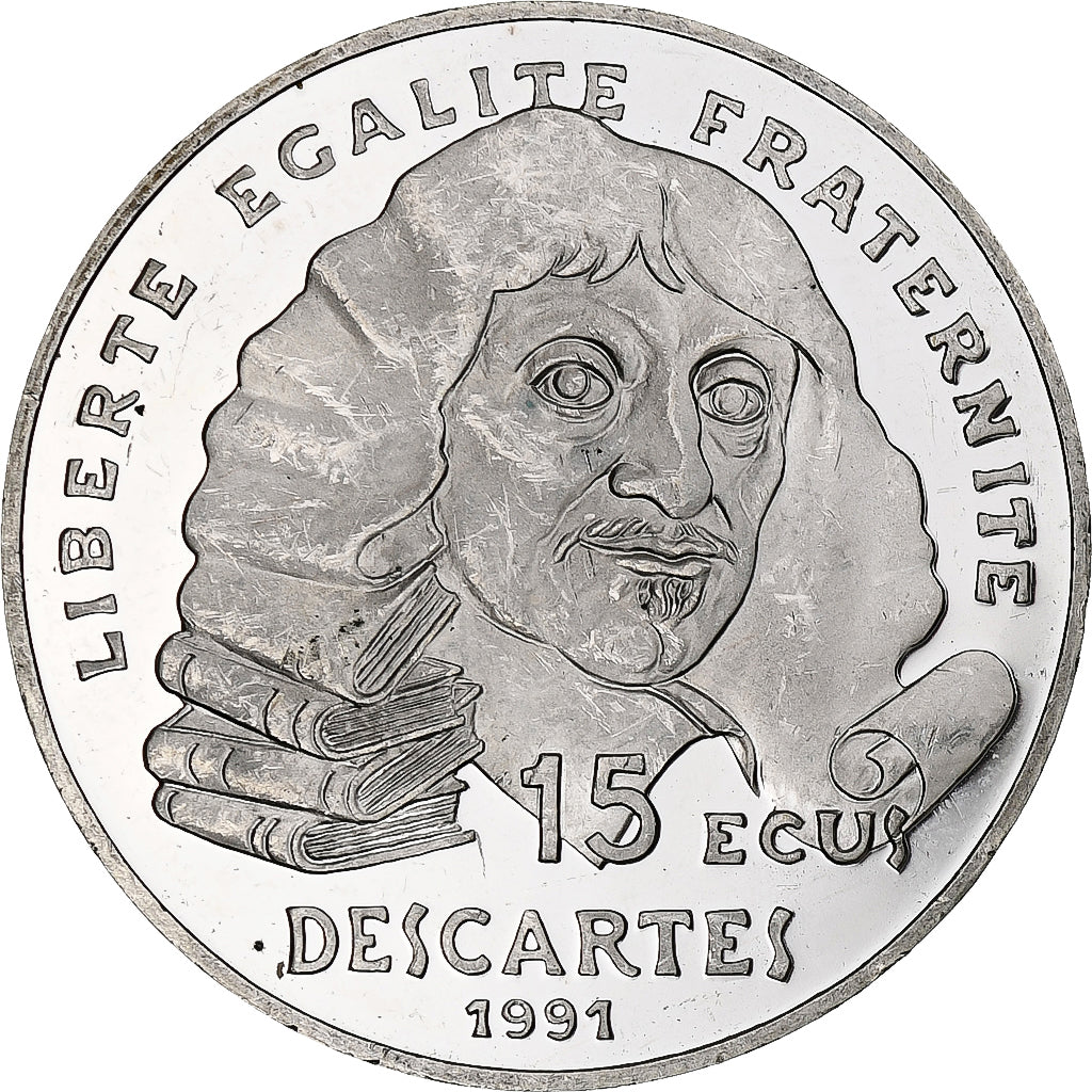 Francja, 100 Francs / 15 Écus, René Descartes, 1991, Monnaie de Paris, BE