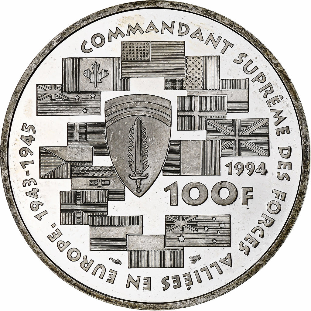 France, 100 Francs, Dwight David Eisenhower, 1994, Monnaie de Paris, BE, Silver