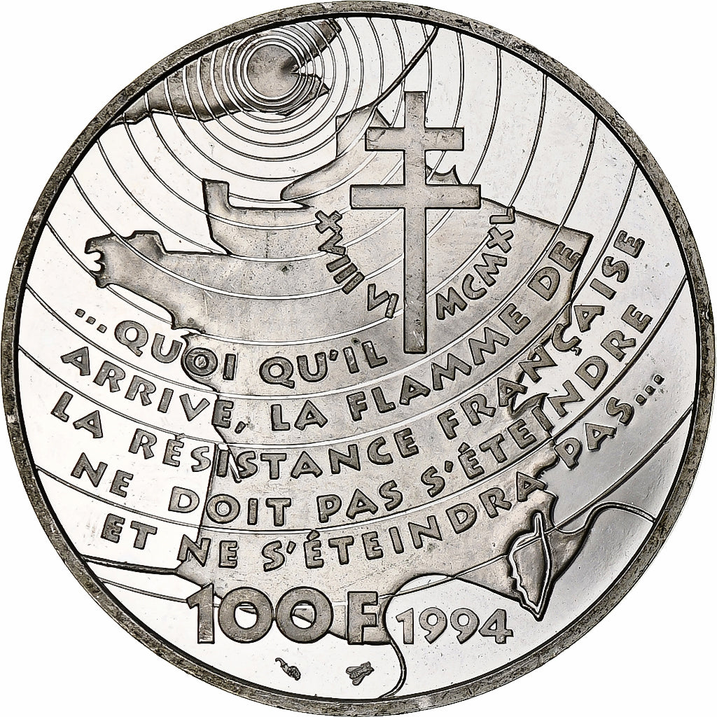 France, 100 Francs, appel du 18 juin, 1994, Monnaie de Paris, BE, Silver