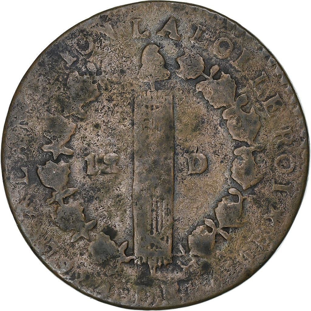 Frankrijk, Louis XVI, 12 deniers françois, 1793, Bayonne, Koper, FR+, KM:600.9