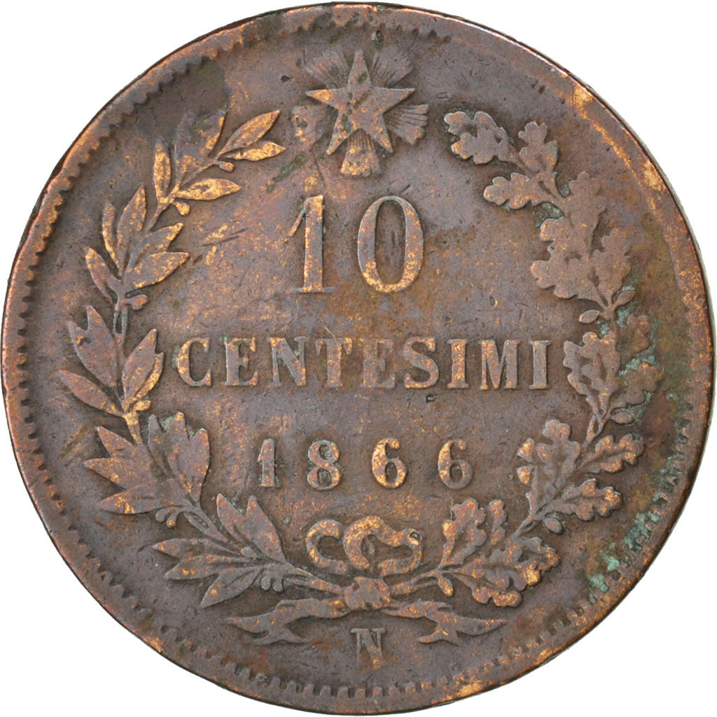 Moneta, Italia, Vittorio Emanuele II, 10 Centesimi, 1866, Naples, MB, Rame