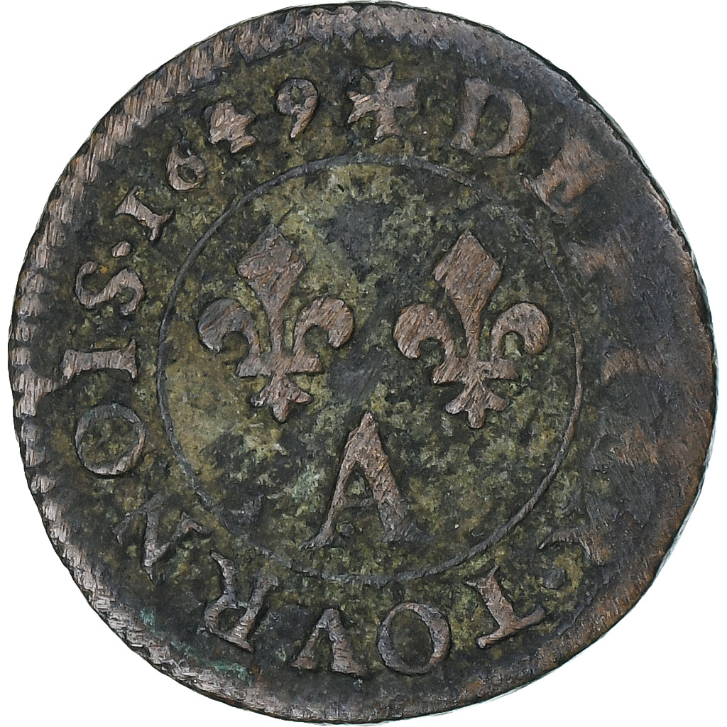 France, Louis XIV, Denier Tournois, 1649, Paris, Copper, VF(30-35), Gadoury:70