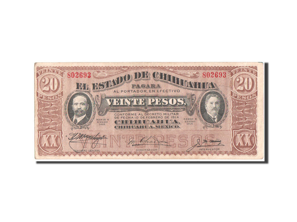 Banknote, Mexico - Revolutionary, 20 Pesos, 1914, AU(55-58)