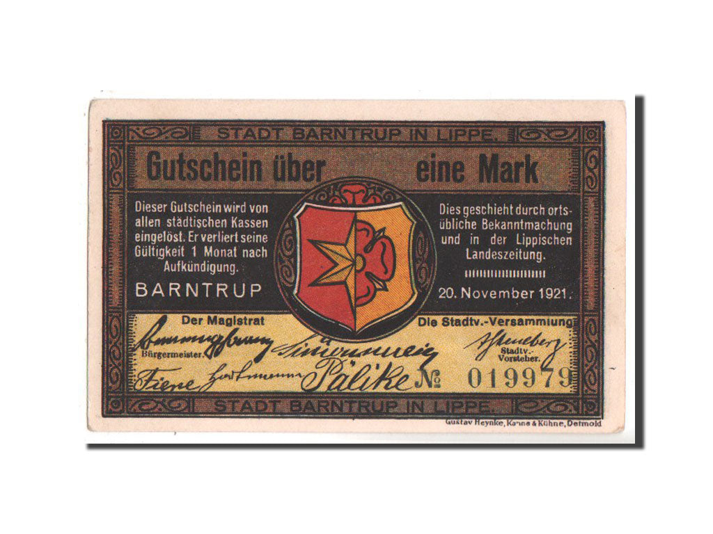 Banknote, Germany, Barntrup Stadt, 1 Mark, 1921, UNC(63), Mehl:66.1