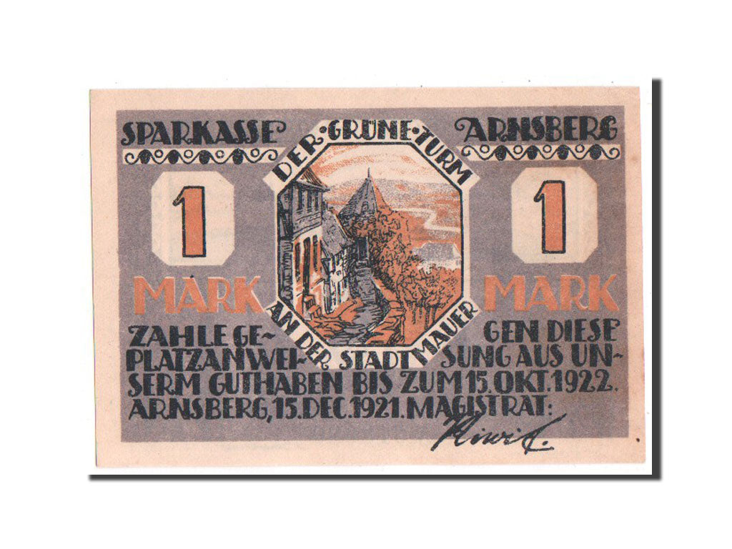 Banknote, Germany, Arnsberg, 1 Mark, 1921, UNC(63), Mehl:42.2