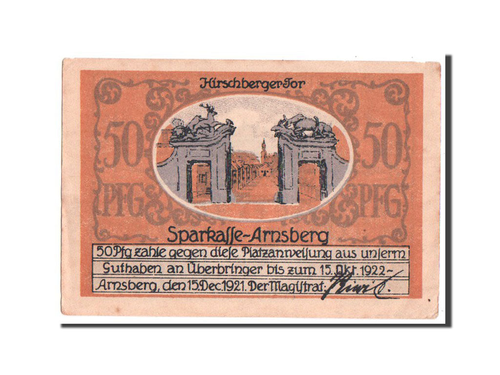 Banknote, Germany, Arnsberg, 50 Pfennig, 1921, AU(55-58), Mehl:42.2