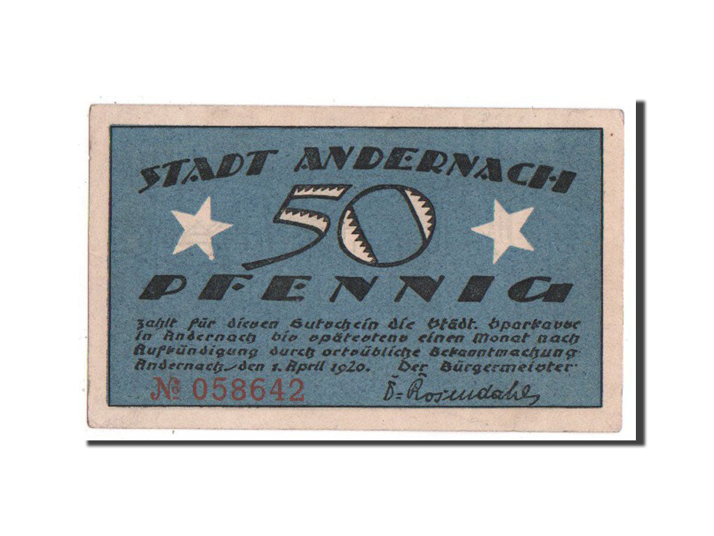 Banknote, Germany, Andernach, 50 Pfennig, 1920, AU(55-58), Mehl:32.1a
