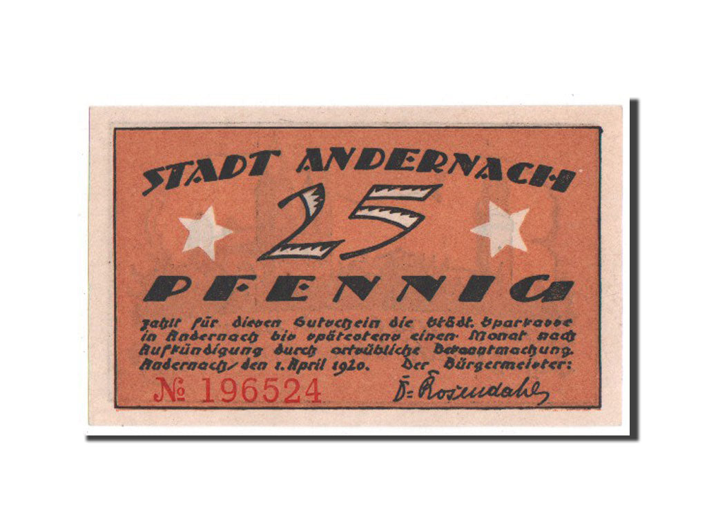 Banknote, Germany, Andernach, 25 Pfennig, 1920, UNC(63), Mehl:32.1a