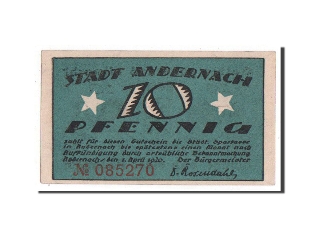 Banknote, Germany, Andernach, 10 Pfennig, 1920, UNC(63), Mehl:32.1a