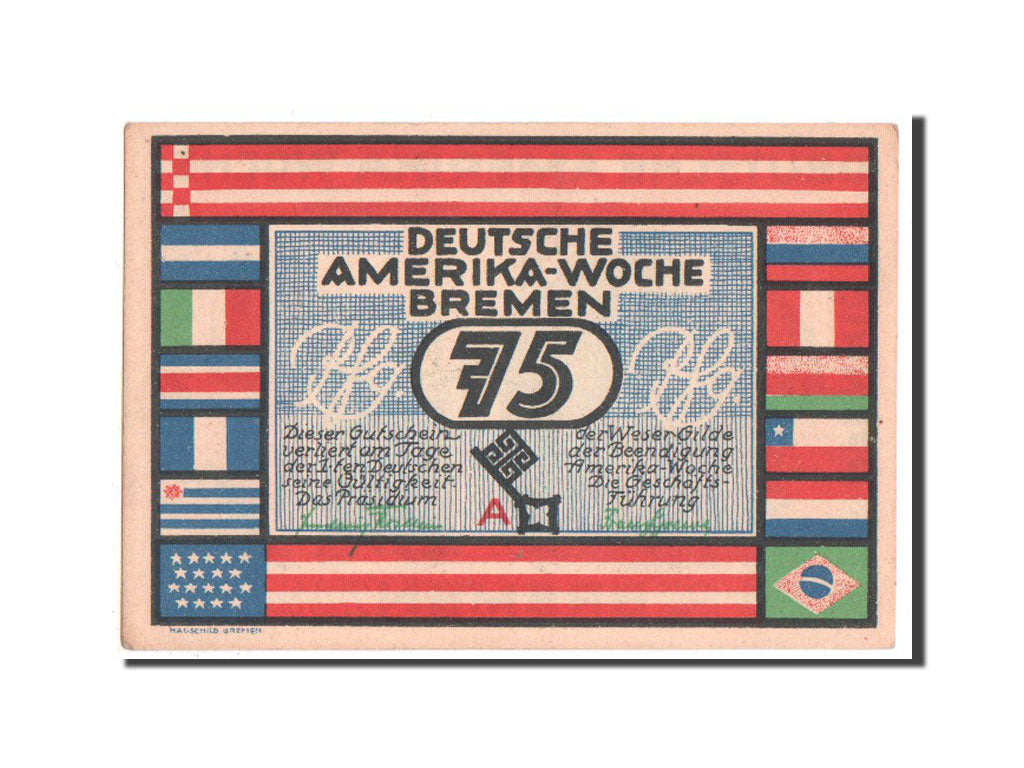 Billet, Allemagne, Bremen Deutsche Amerika Woche, 75 Pfennig, 1923, SPL