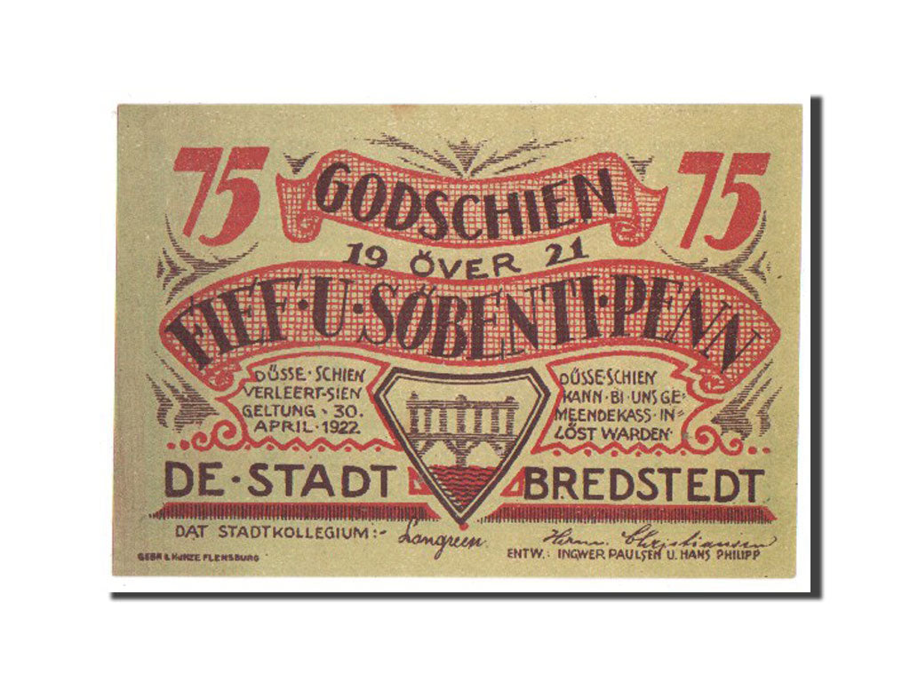 Banknote, Germany, Bredstedt, 75 Pfennig, 1921, UNC(64), Mehl:159.1