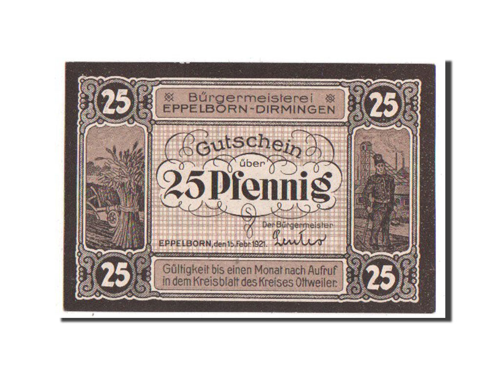 Banknote, Germany, Eppelborn Dirmingen Burgermeisterel, 25 Pfennig, 1921