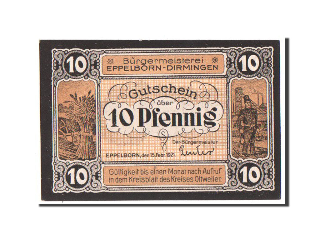 Banknote, Germany, Eppelborn Dirmingen Burgermeisterel, 10 Pfennig, 1921