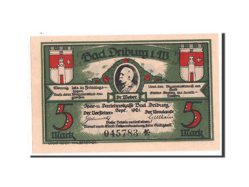 Banknote, Germany, Driburg Bad, 5 Mark, 1921, 1921-09-01, UNC(65-70)