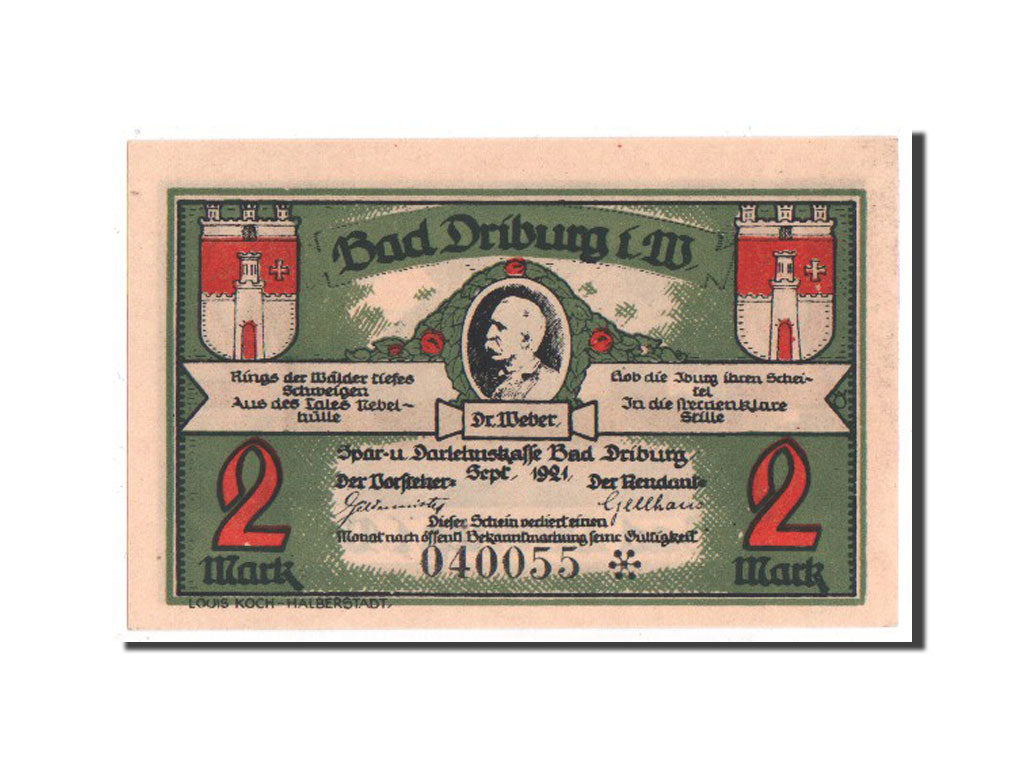 Banknote, Germany, Driburg Bad, 2 Mark, 1921, 1921-09-01, UNC(65-70)