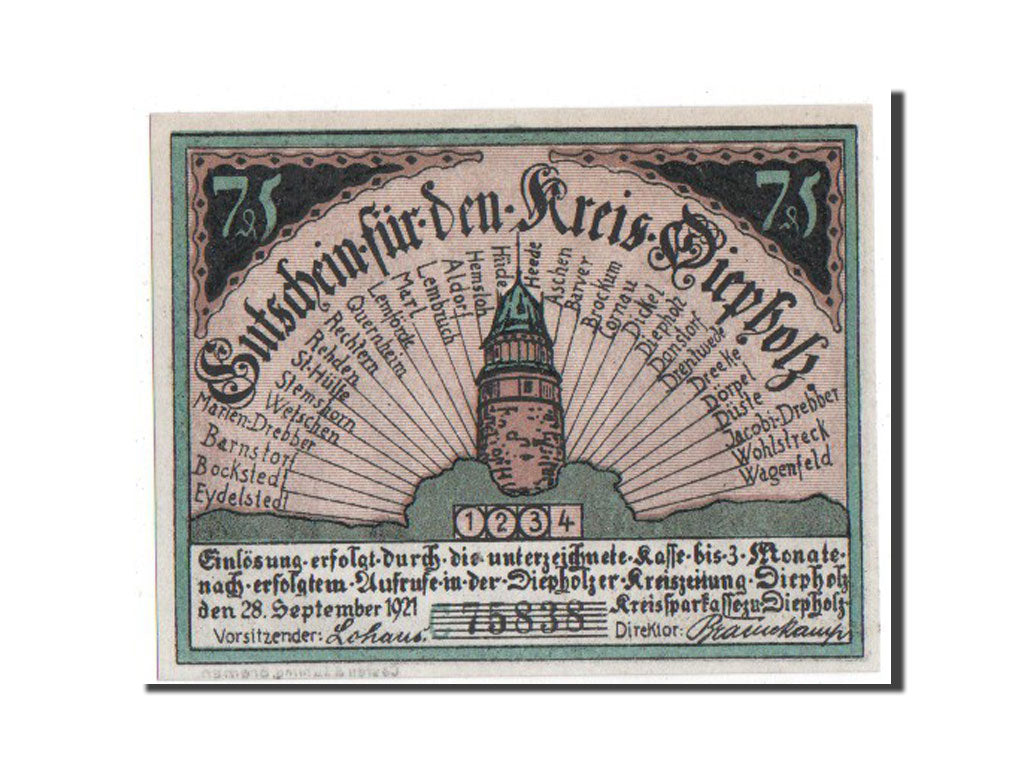 Banknote, Germany, Diepholz, 75 Pfennig, 1921, UNC(65-70), Mehl:273.5