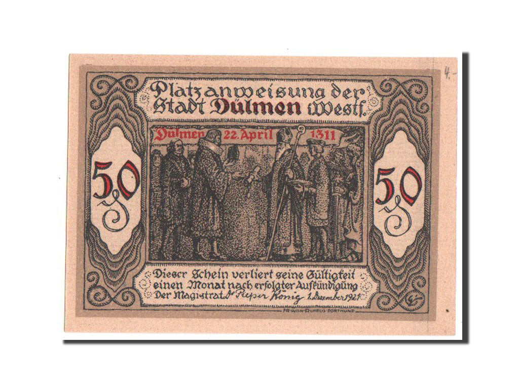 Banknote, Germany, Dulmen, 50 Pfennig, 1921, UNC(65-70), Mehl:295.1a