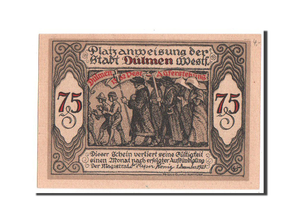Banknote, Germany, Dulmen, 75 Pfennig, 1921, UNC(65-70), Mehl:295.1a
