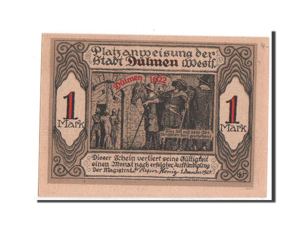 Banknote, Germany, Dulmen, 1 Mark, 1921, UNC(65-70), Mehl:295.1a
