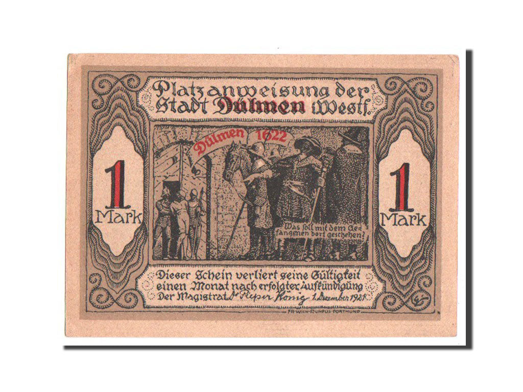 Banknote, Germany, Dulmen, 1 Mark, 1921, UNC(60-62), Mehl:295a