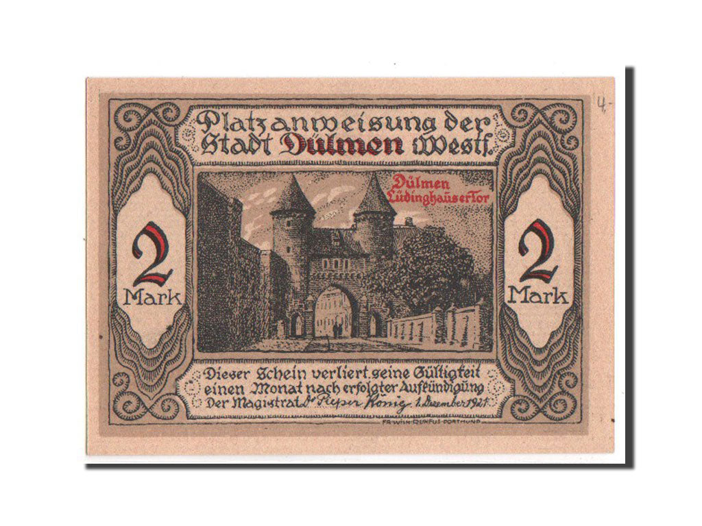 Banknote, Germany, Dulmen, 2 Mark, 1921, UNC(65-70), Mehl:295.1a