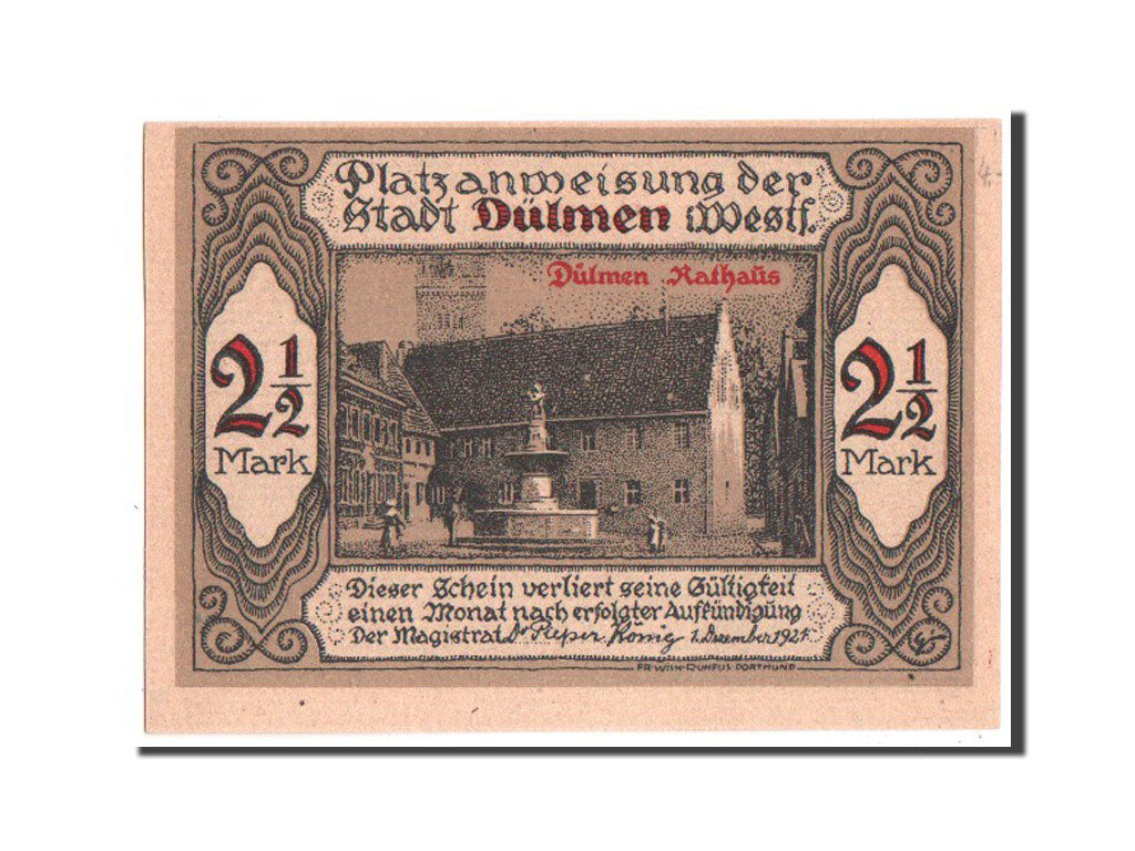 Banknote, Germany, Dulmen, 2.5 Mark, 1921, UNC(65-70), Mehl:295.1a