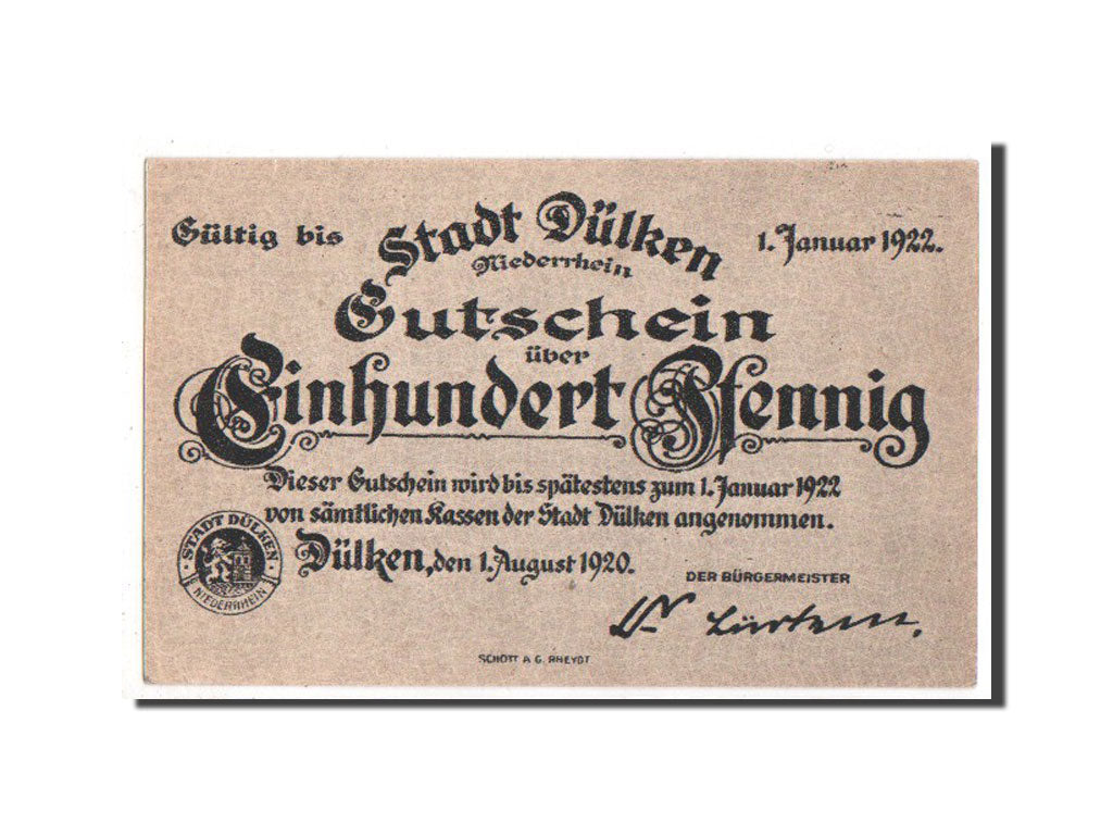 Banknote, Germany, Dulken, 100 Pfennig, 1920, UNC(64), Mehl:294.1