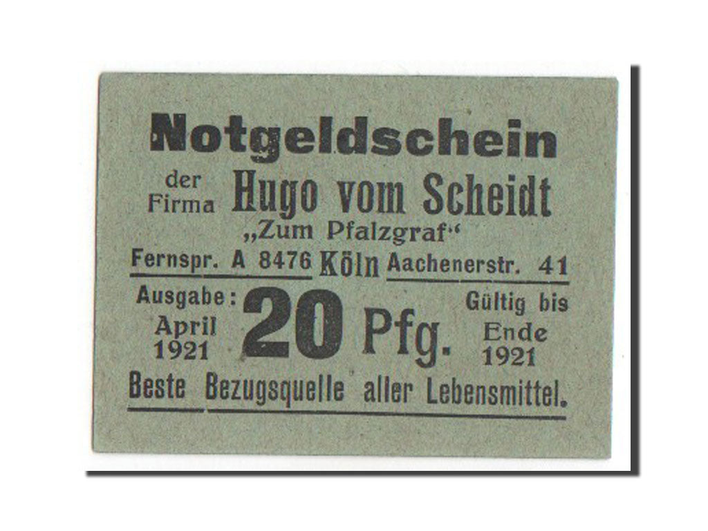 Banknote, Germany, Köln, 20 Pfennig, 1921, 1921-04-01, UNC(63), Mehl:716.1b