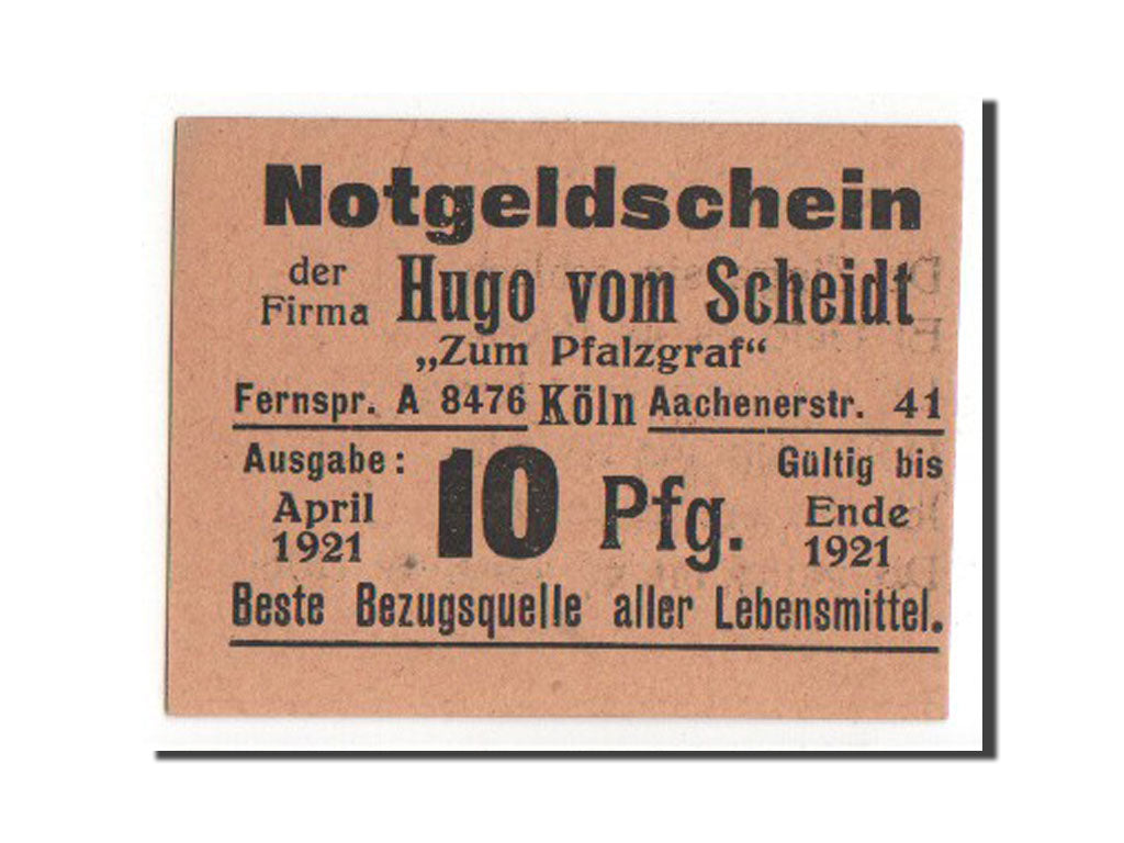 Banknote, Germany, Köln, 10 Pfennig, 1921, 1921-04-01, UNC(63), Mehl:716.1b