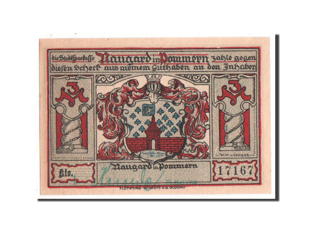 Banknote, Germany, Naugard Stadtsparkasse, 3 Mark, 1922, UNC(63), Mehl:923.1a