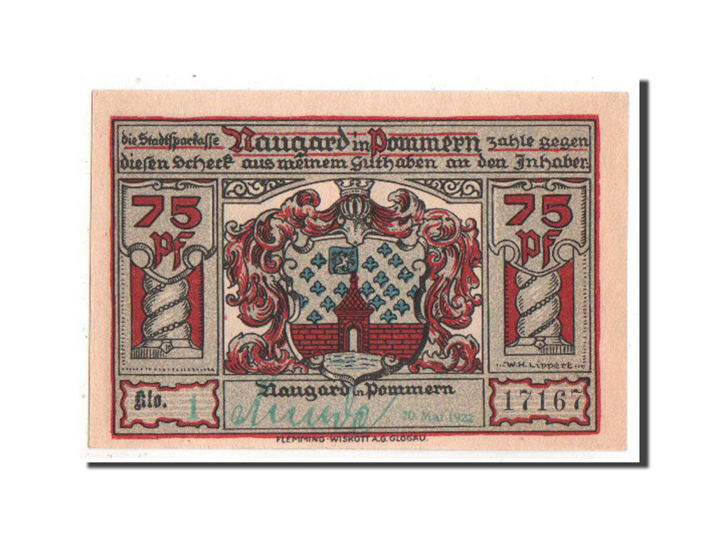 Banconote, Germania, Naugard Stadtsparkasse, 75 Pfennig, 1922, SPL, Mehl:923.1a