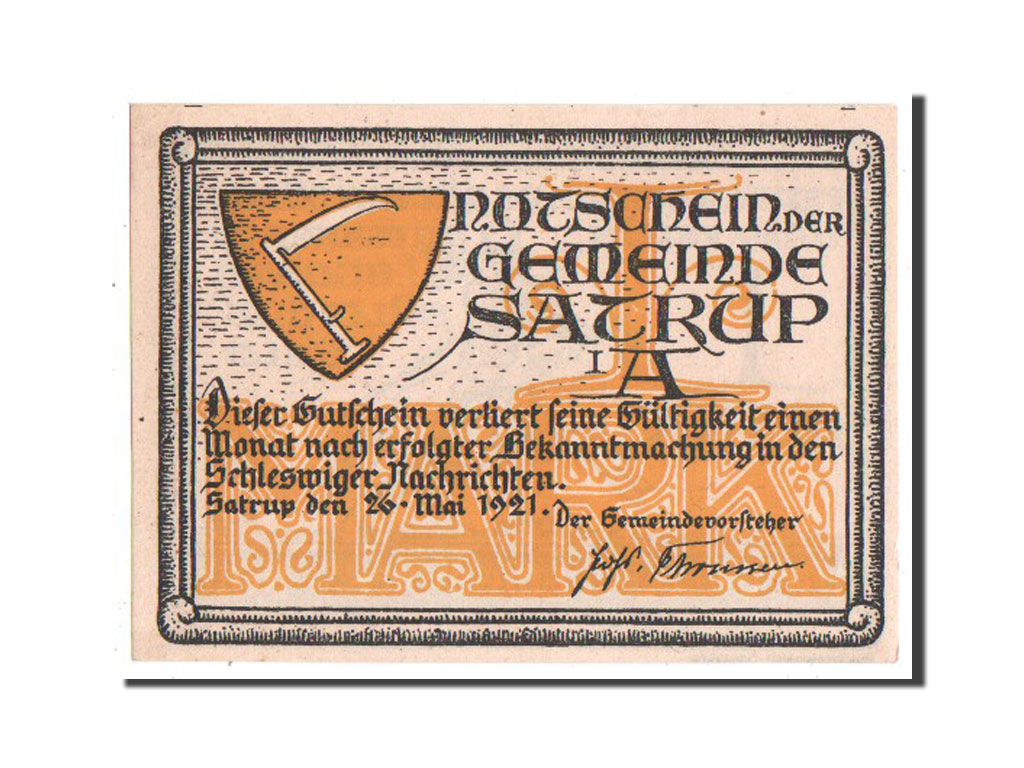 Banknote, Germany, Satrup, 1 Mark, 1921, UNC(63), Mehl:1169.1c