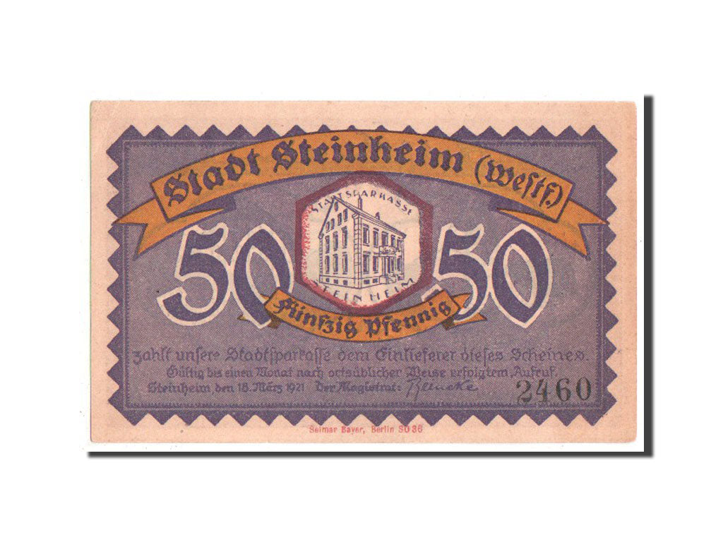 Banknote, Germany, Steinheim Stadt, 50 Pfennig, 1921, UNC(63), Mehl:1263.1b
