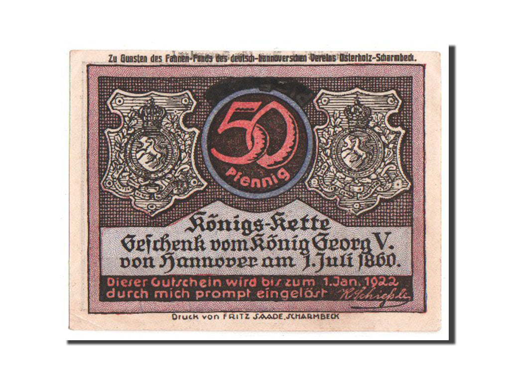 Banknote, Germany, Scharmbeck Stadt, 50 Pfennig, 1921, AU(55-58), Mehl:1172.3a