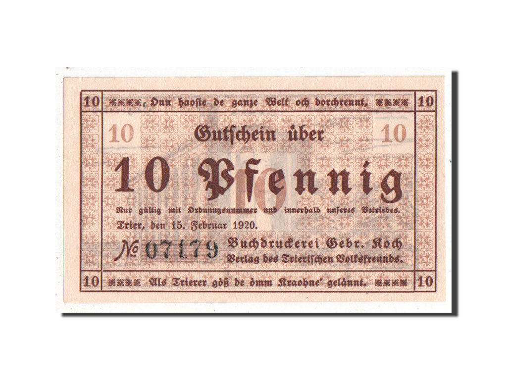 Banknote, Germany, Trier Stadt, 10 Pfennig, 1920, UNC(63), Mehl:1342.3