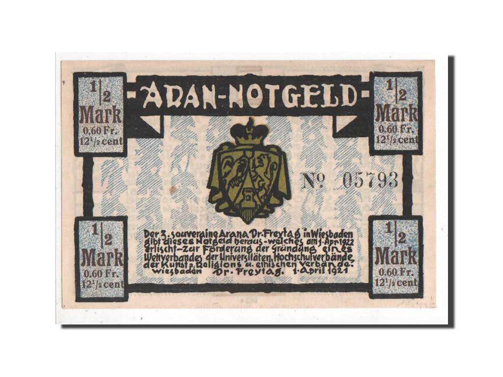 Banknote, Germany, Wiesbaden Stadt, 1/2 Mark, 1921, UNC(63), Mehl:1425.1