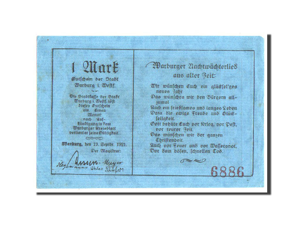 Banconote, Germania, Warburg Stadt, 1 Mark, 1921, SPL-, Mehl:1376.1