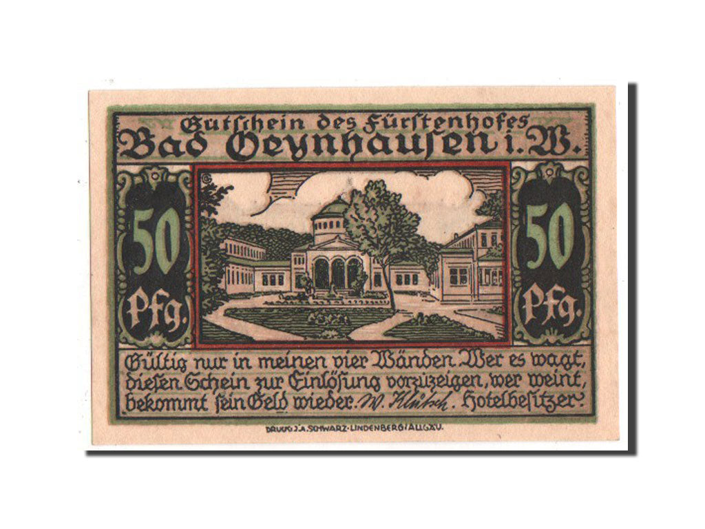 Geldschein, Deutschland, Oeynhausen Bad W Klutsch Hotel Furstenhof, 50 Pfennig
