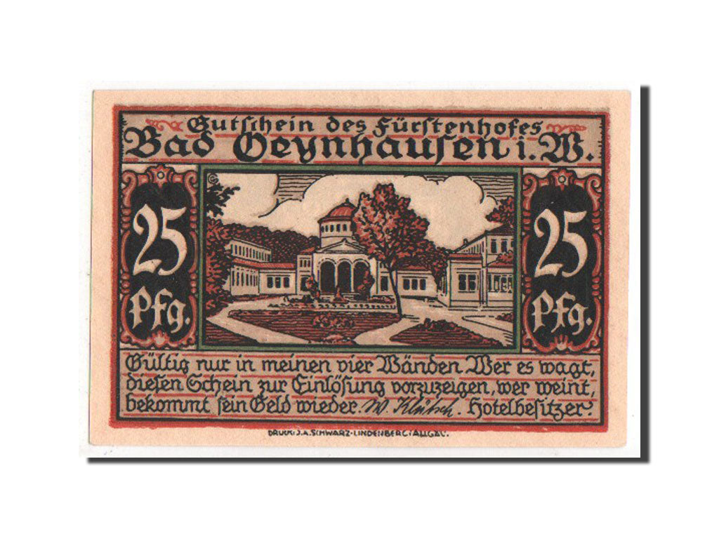 Biljet, Duitsland, Oeynhausen Bad W Klutsch Hotel Furstenhof, 25 Pfennig, 1921