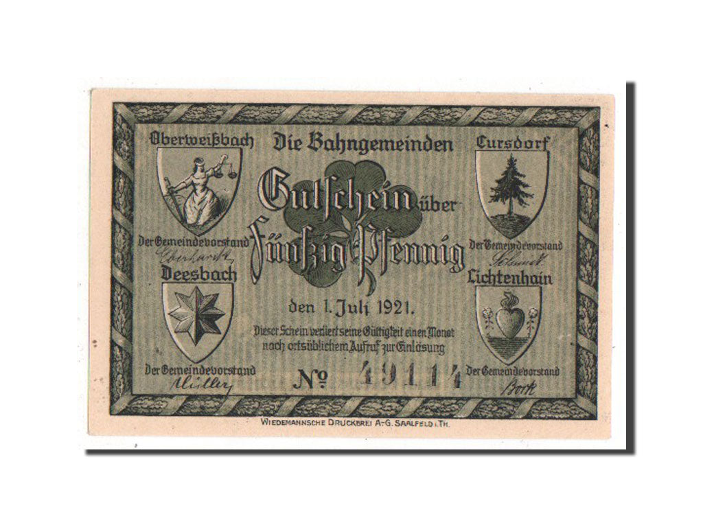 Billete, Alemania, Oberweissbach Cursdorf Deesbach und Lichtenhain, 50 Pfennig