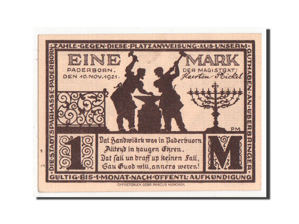 Banknote, Germany, Paderborn Stadt, 1 Mark, 1921, UNC(63), Mehl:1043.7
