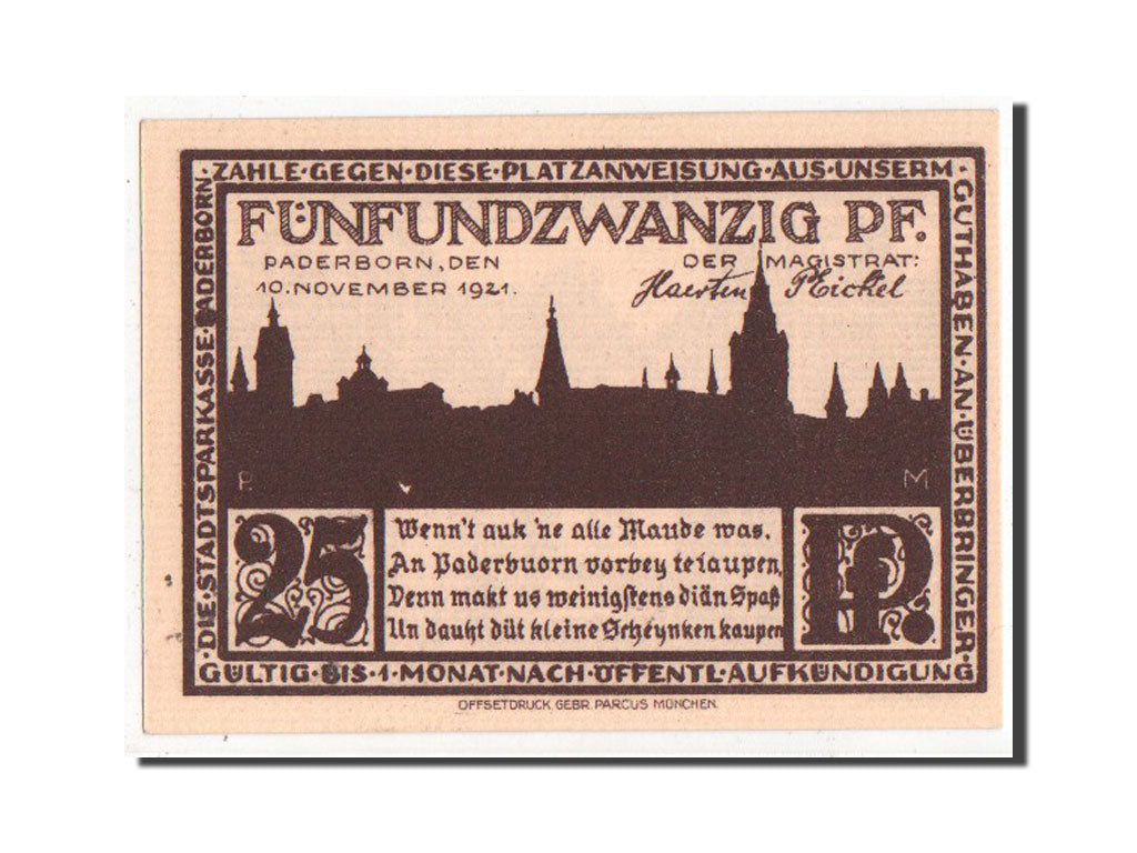 Banknote, Germany, Paderborn Stadt, 25 Pfennig, 1921, UNC(63), Mehl:1043.7