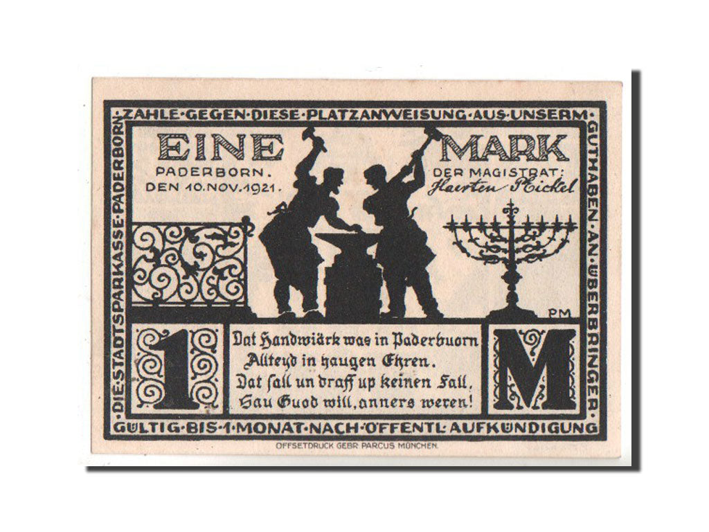 Banknote, Germany, Paderborn Stadt, 1 Mark, 1921, UNC(63), Mehl:1043.6