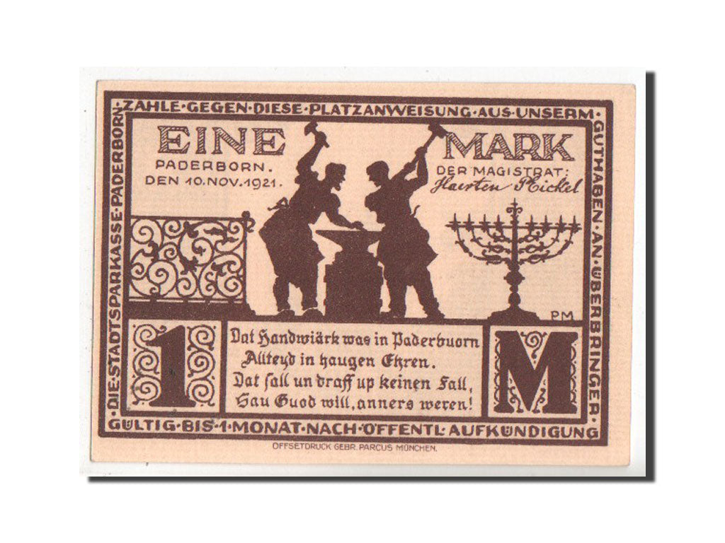Banknote, Germany, Paderborn Stadt, 1 Mark, 1921, UNC(63), Mehl:1043.5