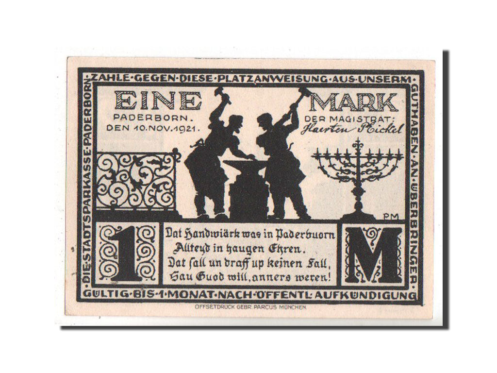 Banknote, Germany, Paderborn Stadt, 1 Mark, 1921, UNC(63), Mehl:1043.4