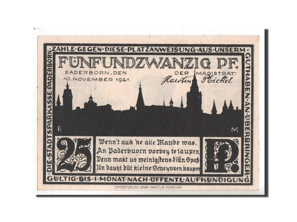 Banknote, Germany, Paderborn Stadt, 25 Pfennig, 1921, UNC(63), Mehl:1043.4